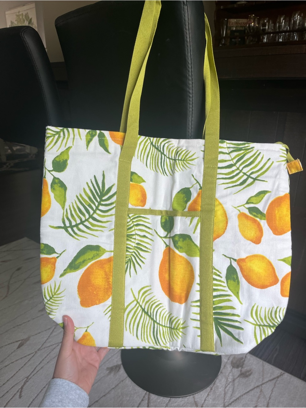 Green & Yellow Lemon Print Insulated Canvas Tote Bag